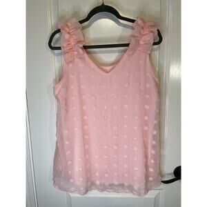 Boutique Womens Pink v neck blouse top size L ruffle sleeves polka dot print